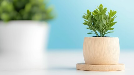 A small, vibrant plant in a wooden pot, perfect for home decor or office settings. Brings a touch of nature indoors.