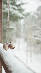 Winter bells hanging from a snowy railing with a blurred winter landscape in the background copy space