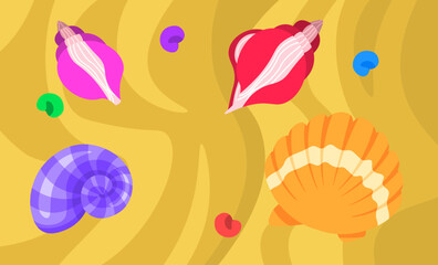 Sea snails on the sand. Seascape. Flat style. Vector illustration