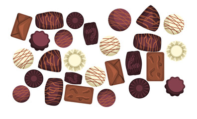 Chocolate candy icons. A pile of chocolates. Flat style. Vector icons