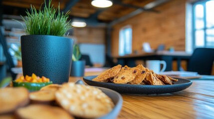 A cozy workspace featuring a plate of cookies, a plant, and a rustic wooden table, ideal for motivational breaks.