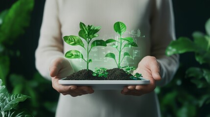 A person holds a plant with digital growth graphics, symbolizing sustainability and innovation in agriculture and environmental care.