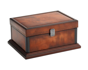 Elegant leather box with a polished wooden base, perfect for storing valuables and organizing personal items in style.