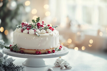 Elegant Christmas cake with holly and berry decorations