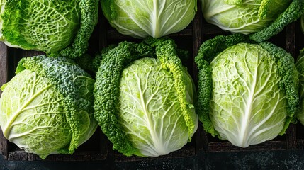 Fototapeta premium Fresh, crisp green cabbages arranged neatly, highlighting their vibrant texture and healthy appeal in a market setting.