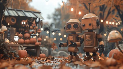 Cute Robots in Autumn Scene with Pumpkins and Fall Leaves