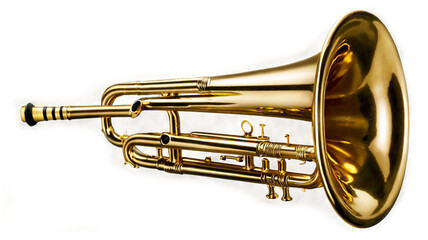 Obraz premium Imposing trumpet on a white backdrop, showcasing its bold, lustrous shine and timeless craftsmanship with clean, understated grace.