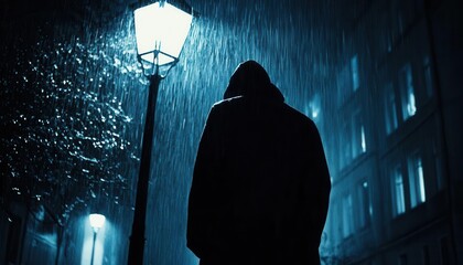 Dark silhouette of a mysterious figure in a raincoat, standing under a streetlamp in the rain, moody atmosphere