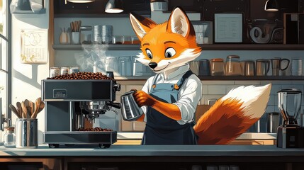  Adorable cartoon fox making coffee with a steaming espresso machine, creating a cozy and whimsical café vibe. A playful scene filled with charm.
