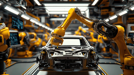 Fototapeta premium A car is being built in a factory with a yellow robot arm