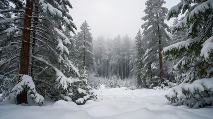 Naklejka premium Winter's blanket over majestic mountains and pine forests, where snow-dusted trees and peaks merge in a tranquil, snowy panorama.