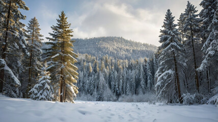 Snow-covered mountain landscape with a forest of evergreen pines, creating a serene, winter wonderland of crisp white and deep green
