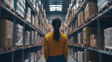 Fototapeta premium Warehouse worker organizing packages on shelves, clean and structured storage facility, logistics management