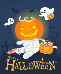 Halloween illustration with mummy and jack-o-lantern