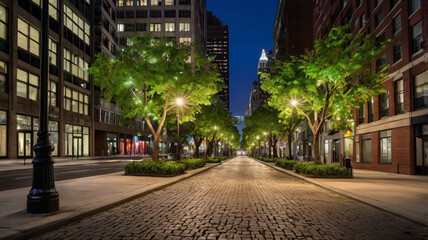 Obraz premium City center at night, adorned with green trees and streetlights, creating a vibrant yet tranquil urban landscape illuminated by gentle glows.