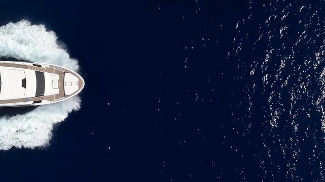 Aerial overhead close up view of a bow of a luxury yacht sailing with high speed over the ocean with copy space