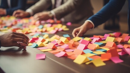 Collaborative team brainstorming with sticky notes on table in a creative meeting setting