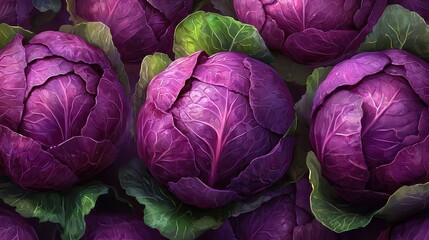  Close-up of vibrant purple cabbages with lush green leaves, showcasing fresh produce and natural beauty from the farm.