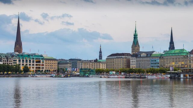 Hamburg skyline time lapse from day to night, hamburg city germany 4K.