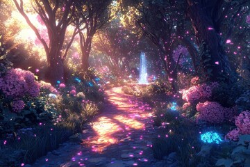 Obraz premium Enchanted fairy tale forest pathway with glowing fireflies and colorful flowers