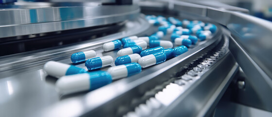 A conveyor belt with blue and white pills on it