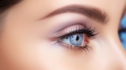 Fototapeta premium Close up image of a human eye with blue iris on a light background reflecting beauty and detail