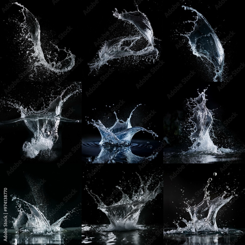Leinwandbilder Water splashes against a black backdrop, capturing liquid dynamics in a series of abstract shapes.