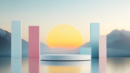 Naklejka premium geometric shapes and water reflections. The scene includes a circular platform in the center