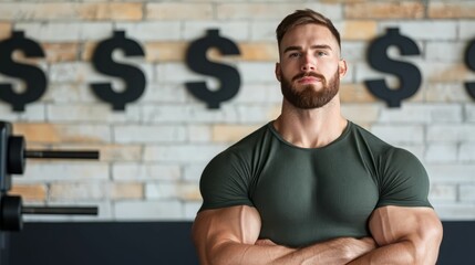 Confident man with muscular build posing in a modern gym with dollar signs on the wall, representing strength and financial success.