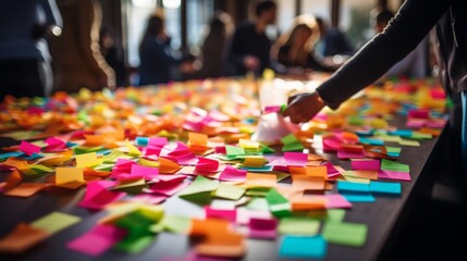 Collaborative team engaging with sticky notes during creative brainstorming session