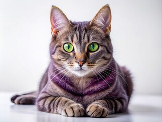 Adorable short-haired feline with a sleek, vibrant purple coat and bright green eyes lying down on a soft, white background with a subtle texture.