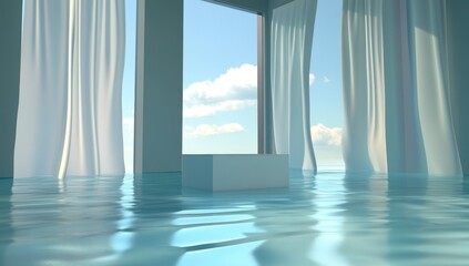 Fototapeta premium empty room with an open window; the sky is visible outside, and clouds drift by. The floor of the space