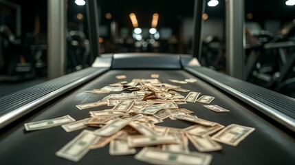 Stack of cash scattered on a treadmill in a modern gym, highlighting the intersection of fitness and wealth.