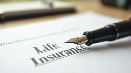 Close-up of fountain pen on life insurance document