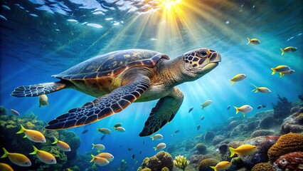A majestic leatherback sea turtle swims through coral reef waters, its shell glistening in sunlight, as schools of fish dart past its gentle, ancient gaze.