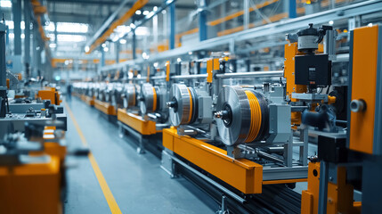 Fototapeta premium A modern factory scene featuring rows of machines processing wires, showcasing intricate machinery and vibrant orange accents in a well-lit industrial setting.