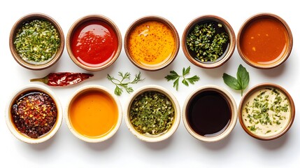 Assorted Sauces and Condiments in Bowls on White Background