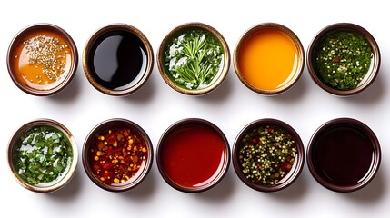 Assortment of Various Flavorful Sauces Bowls on White Surface