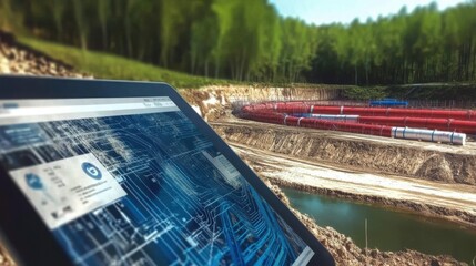 A close-up of a tablet displaying a detailed map with a pipeline route overlaid, resting on a large industrial pipe in a sunlit environment, highlighting the integration of digital tools in pipeline 