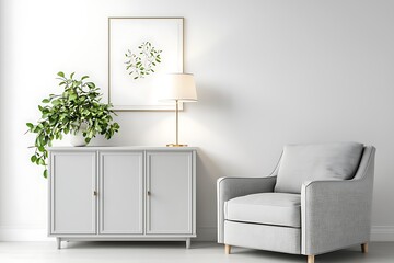 Gry armchair and whit living room accntd with a lamp and postr.