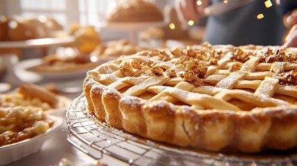 Delicious homemade pie with a golden crust on a cooling rack, surrounded by assorted baked goods in a warm kitchen setting.