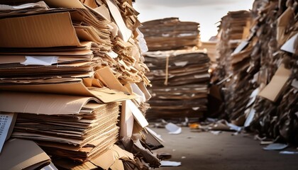 Fototapeta premium Large stacks of cardboard prepared for recycling and upcycling