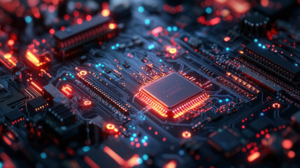 Obraz premium A close-up view of a high-tech circuit board illuminated with red and blue lights, showcasing intricate pathways and a central microchip, highlighting modern technology.