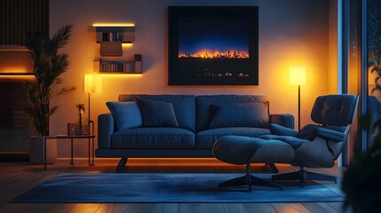 Cozy Living Room with Glowing Lamps and Scenic Night View