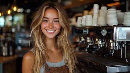 Smiling barista at a bustling coffee shop in the afternoon, diverse cups stacked neatly behind the espresso machine, creating a warm atmosphere