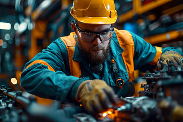Focused industrial worker tightening bolts on a heavy duty machine in a factory