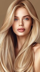 Naklejka premium A close-up portrait of a young woman with long blonde hair and striking blue eyes against a neutral background