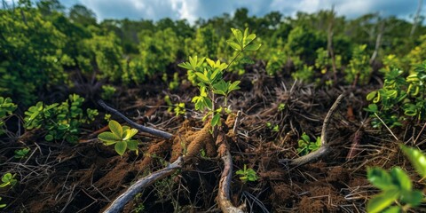 Obraz premium Young mangrove sapling emerging from the rich soil in a vibrant coastal forest ecosystem during the daylight hours, showcasing new growth and biodiversity in a tropical habitat