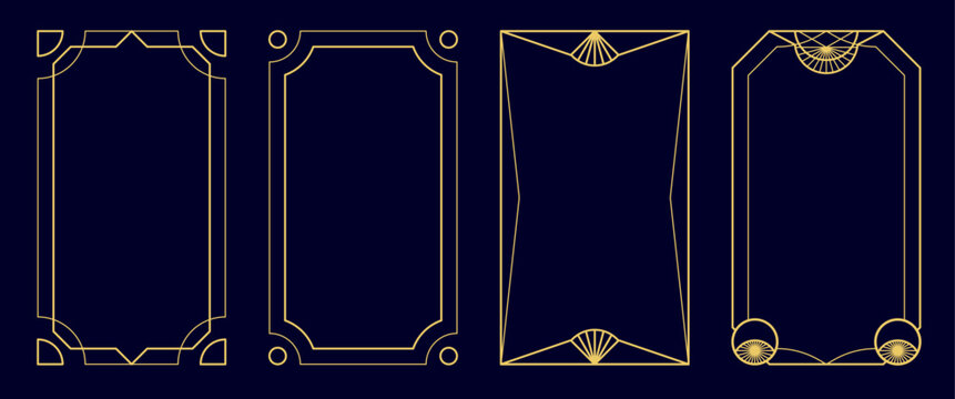 Art deco style luxury design border frames set. Elegant gold lines pattern vector templates for gala, grand opening, wedding invitation, antique vip card