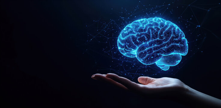 Human holding futuristic glowing brain innovation concept